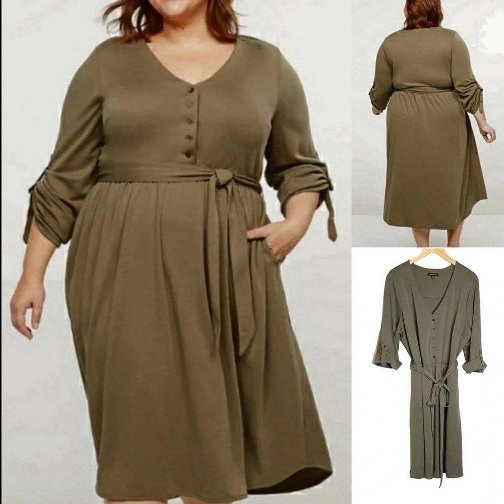 Lane Bryant Fit & Flare Dress Size 18 Button Up V Neck Pockets Olive